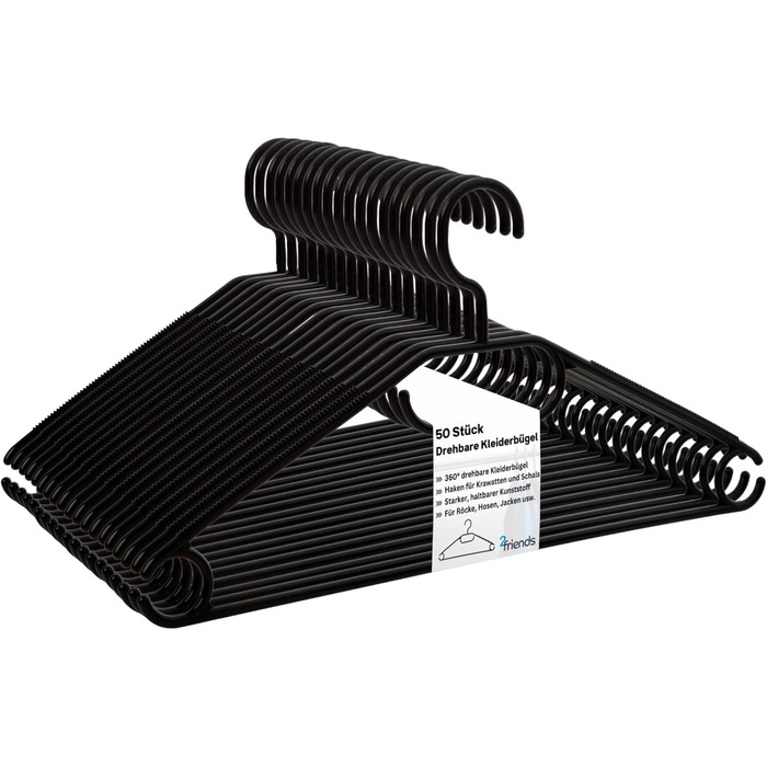 Чорні вішалки для одягу 50 шт. з обертовими гачками, пластик, Made in EU, 100% перероблений матеріал