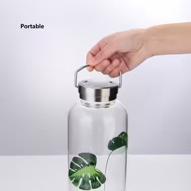 Gulujoy 1.5 Liter Drinking Bottle Glass Water Bottle with Neoprene Sleeve, Leak-Proof, Portable, Stainless Steel Lid, 1500ml