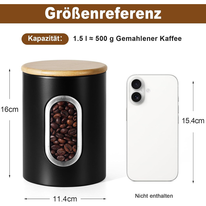 Герметична кавова банка Gmisun, 500г / 1,5л: для кавових зерен, меленої кави, капсул та паді, чорного кольору