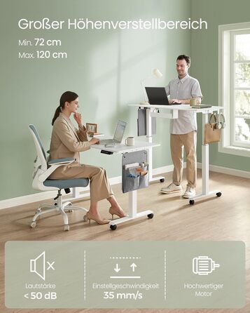 VASAGLE Electric Height Adjustable Desk, 60 x 120 x 72-120 cm, Memory Function, Wood & Steel Frame, Cloud White