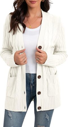 Жіночий в'язаний кардиган GRECERELLE з довгими рукавами, з кишенями та ґудзиками. Елегантний в'язаний жакет для осені/зими/весни. Розмір L, колір білий.