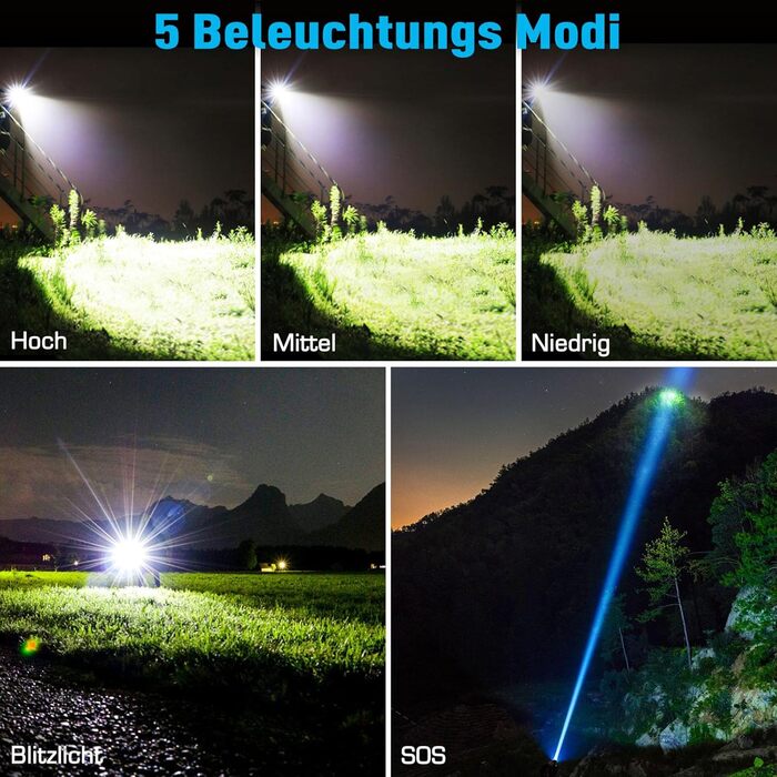 Ліхтарик Glarylight LED акумуляторний, 500000 люмен, надяскравий, зум, 5 режимів світла, водонепроникний IPX7, для вулиці та екстрених ситуацій