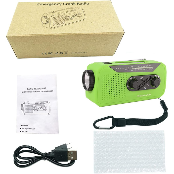 Радіо Solar-Radio з ручним приводом, AM/FM, погода, ліхтарик, SOS-сигнал, акумулятор 2000 mAh, Powerbank, роз'єм для навушників - для надзвичайних ситуацій та активного відпочинку (зелений)
