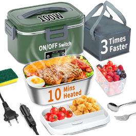 Electric Lunch Box 100W, 3-in-1 Portable Heated Lunch Box, Removable Stainless Steel Lunch Container, 12V/24V/220V Insulated Food Warmer for Car/Truck/Office, with Insulated Bag and Sponge (Green, 1.8 L)
