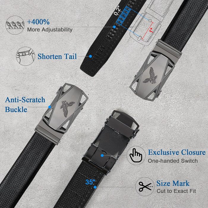 Чоловічий шкіряний ремінь ITIEZY з автоматичною пряжкою, без отворів, 35 мм, для ділового костюма, чорний, регульований розмір 103-110 см