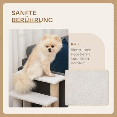 PawHut 3-Step Pet Stairs with Scratching Pillars, Ball, Dog Stairs, Pet Stairs for Cats up to 5 kg, Plush Jute, White, 45 x 40 x 48 cm (60L x 40W x 64H cm, White)