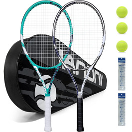 Adult Prestrung Tennis Set - Lightweight, 68.6cm - 2 Rackets, 3 Balls, 2 Grips, Vibration Dampeners - Grey & Green