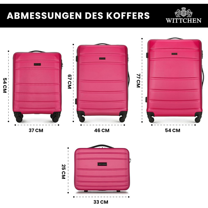 Набір валіз WITTCHEN Globe Line: 4 валізи, жорсткий корпус ABS, телескопічна ручка, кодовий замок, 4 колеса. Підходить для Lufthansa, Eurowings, Ryanair, Condor, Discover Airlines (Рожевий)