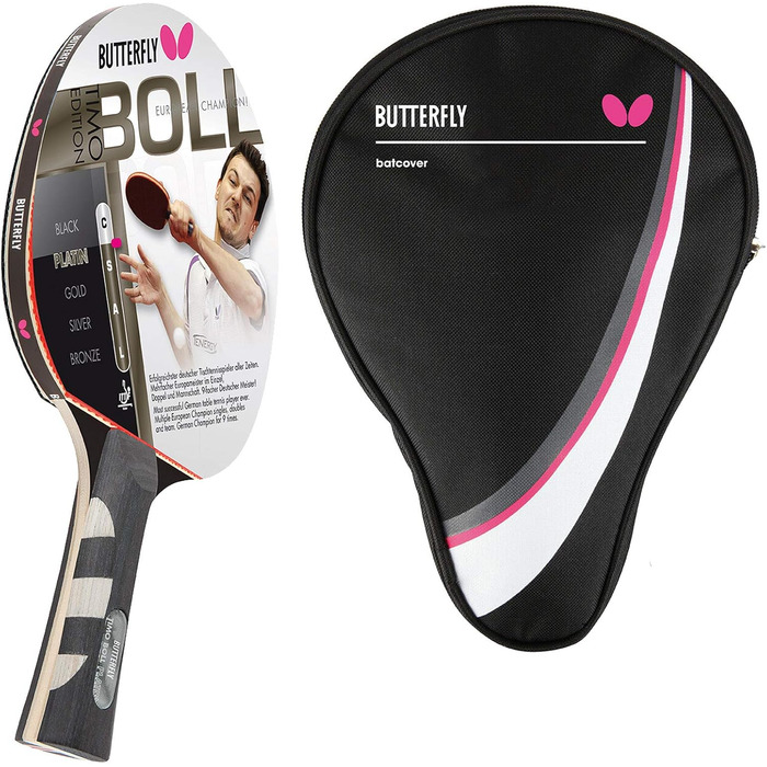 Тенісний стіл Butterfly® Timo Boll Platin 85025 | Професійний ракетковий комплект для настільного тенісу | Ракета для змагань, сертифікована ITTF | Анатомічна форма ручки (в комплекті з чохлом DC1)