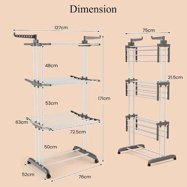 Сушарка для білизни HOMASIS з 4 рівнями, розкладна, на коліщатках та з боковими крилами, 127x63x171 см, сіра