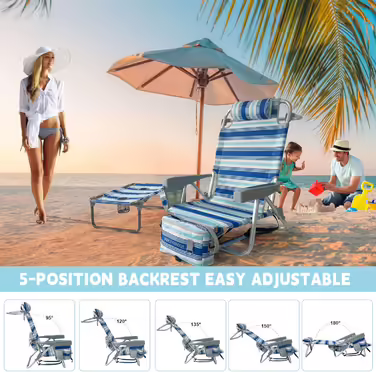 WKFAMOUT Folding Beach Chair with Folding Table, 5 Position Backpack Chair for the Beach, High-Back Camping Chair with Cooler Bag, Adjustable Backrest and Carrier, White, 1 Piece