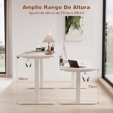 Devoko Adjustable Height Desk, Electric Standing Desk with Desktop - 73-118cm, 2 Memory Settings, Office Desk, Collision Detection (White, 160x60cm)