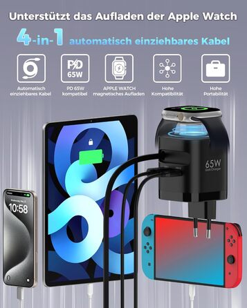 Зарядний пристрій 65W USB-C з кабелями для Apple Watch, 4 порти GaN USB-C, швидка зарядка для Apple Watch Ultra/11/10/9/8/7, MacBook, iPhone, iPad, Galaxy - Білий