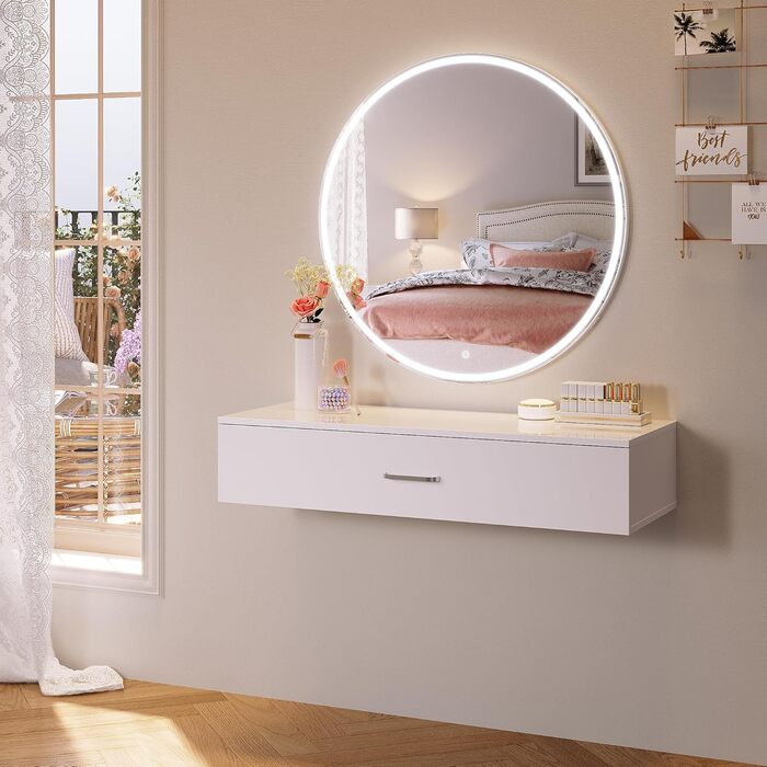SONNI туалетний столик з LED-підсвіткою, дзеркалом HD, 3 кольори, 10 рівнів яскравості, комод з шухлядами для косметики, білий, 100x36,5x20 см, для спальні