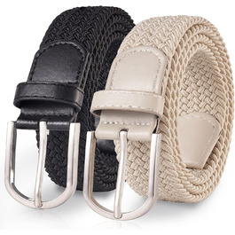 Тканинні ремені Tangchao 2 шт. Плетені еластичні ремені для жінок та чоловіків, 3.3 см, 90-135 см, чорний+бежевий, 100 см