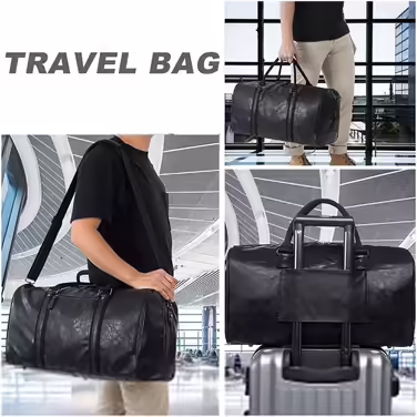 Seyfocnia PU Leather Travel Bag, Black, Extra Large, Duffelbag, Waterproof, Carry-on, Weekend or Business Trip, Unisex