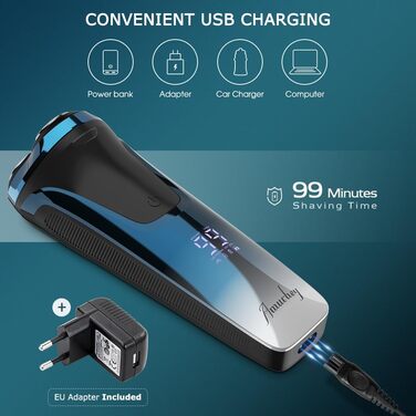 Електричний чоловічий бритва з 3 насадками, зарядним пристроєм та чохлом для подорожей, Snapbuy. Вологостійкий бритва IPX7 для сухого та вологого гоління, з прецизійним тримером та функцією стрижки бороди. Час роботи: 99 хвилин.