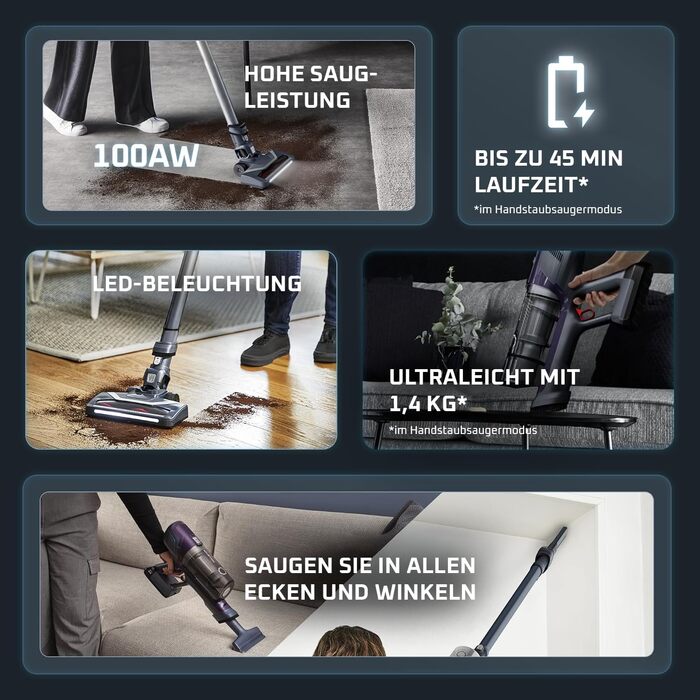 Бездротовий пилосос Rowenta X-Pert 6.60 Essential: акумуляторний, 100 Вт, 45 хв роботи, без мішка, LED-насадка, знімна батарея, насадка для щілин, кріплення на стіну, фіолетовий/чорний, RH6838