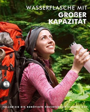 Фляга спортивна Feijian 1L з карабіном - термофляга з нержавіючої сталі, витримує напій з газом, без BPA, для туризму, спорту, школи, велосипеда, армійського кольору (Рожева, 750 мл)