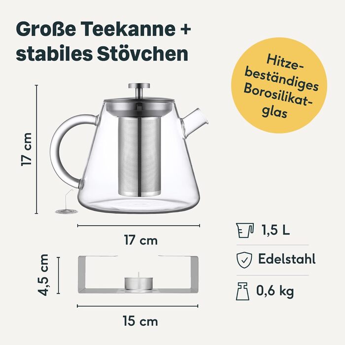 Teapot Glass 1.5 Liter - with infuser insert & lid - Infuser for hot drinks & cold brew tea - Ideal for hotplates (Teapot Glass 1.5l + Hotplate)