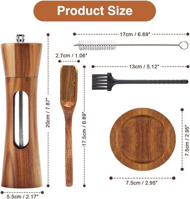 Дерев'яна мельниця для солі та перцю з підставкою, ручна, з регульованим керамічним жорном, 20 см