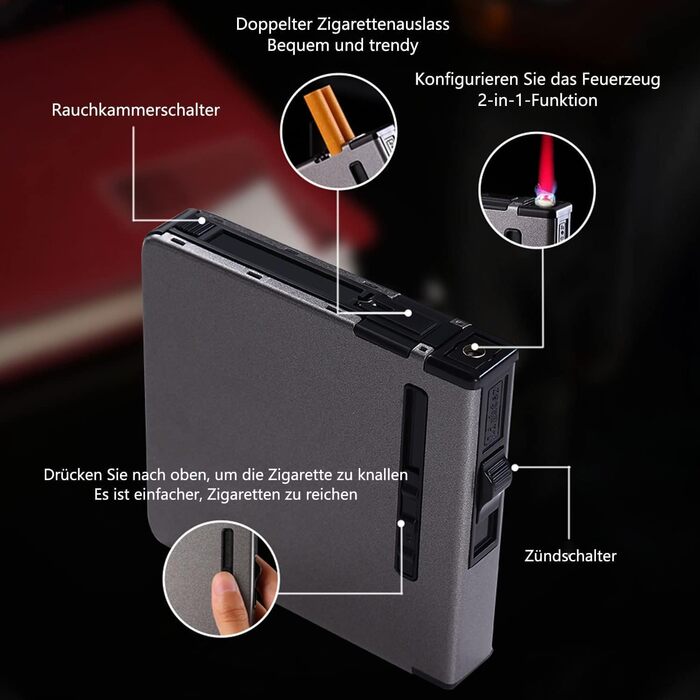 Електронне запальничкове кейс для сигарет CAM2 на 20 сигарет, чорний, з автоматичним викиданням