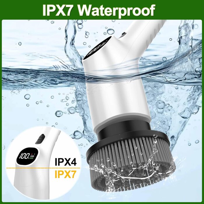 Електрична щітка для чищення з 7 насадок, IPX7 водонепроникна, регульована ручка, для ванної кімнати (біла)