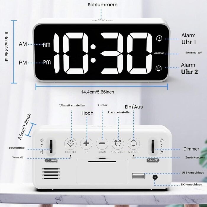 Цифровий LED будильник LATEC з 2 сигналами будильника, функцією Snooze, USB-портом для зарядки, регулюванням яскравості та гучності (90-120 дБ), 8 мелодій, формат 12/24г, мережевий, білий