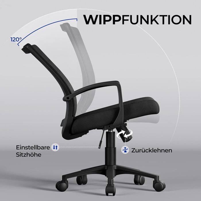 Офісний крісло Yaheetech ергономічне, комп'ютерне з сітчастою спинкою, з підлокітниками, для офісу та дому, чорне, до 136 кг, з регулюванням висоти та функцією гойдання