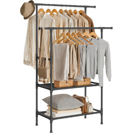 SONGMICS Стійка для одягу металева, з 2 перекладинами та 2 полицями, біла, до 70 кг, RDR02WT (Чорний)