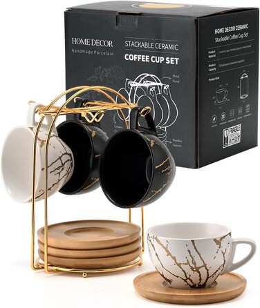 Набір кавових чашок капучіно Home Decor, 4 шт., 220 мл, з металевим підставкою, чорний та білий