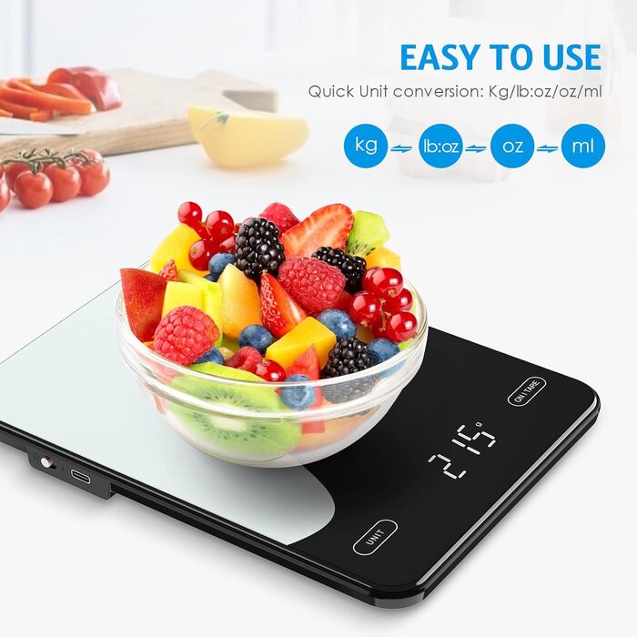 Brifit Kitchen Scale with App - 10kg/1g Digital Food Scale with Calorie Counter, LED Display, Tare Function, USB Rechargeable