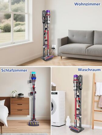 Підставка для пилососів Dyson G5, V15, V12, V11, V10, V8, V7, V6, металева, з 4 гачками та 4 полицями, без свердління, стабільна, на підлогу, приховане кріплення кабелю (темно-сірий)