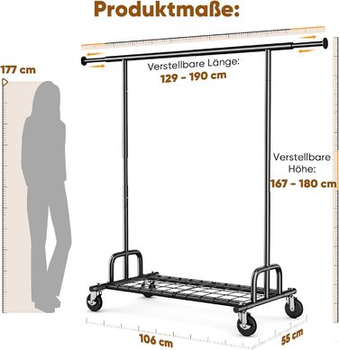 Підвісний стійка для одягу HOKEEPER на колесах, 136 кг, важкий, висувна штанга (S002K)