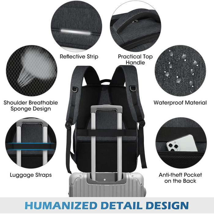 Чоловічий рюкзак NEWHEY для роботи та навчання з USB-портом, водонепроникний, великий, для ноутбука, чорний