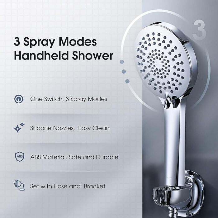 Showerhead Set, 3 Functions, Liquid Silicone - Showerhead Set with Hose and Holder, High Pressure and Water-Saving, Universal with G1/2 inch Connection, Chrome Showerhead for All Family Members