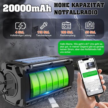 Портативне радіо на сонячній енергії 20000mAh з ручним генератором, AM/FM, LED ліхтарик, SOS-сигнал для надзвичайних ситуацій, Outdoor