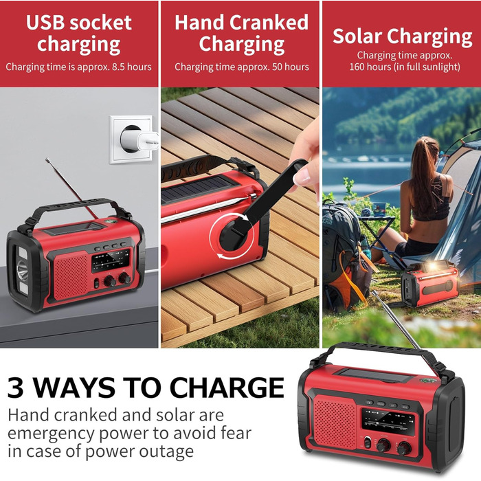 Радіо на сонячній батареї та ручному приводі 27000mAh з Bluetooth, FM/AM, SOS сигналом, динаміком та підключенням для навушників (Армійський зелений)