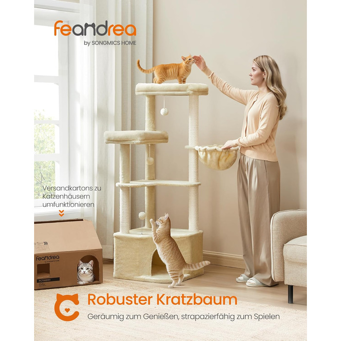 Дряпка для котів Feandrea, кігтеточка з лежаком, платформами та іграшками, 48,5 x 48,5 x 140,7 см, бежевий PCT009G01