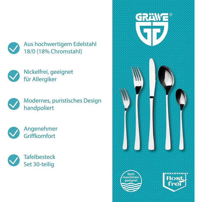 GRÄWE Stainless Steel Cutlery Set for 6 People, Place Setting Cutlery Set 30-Piece, Nickel-Free, Rust-Proof, Hand-Polished, Dishwasher-Safe - Würzburg Series