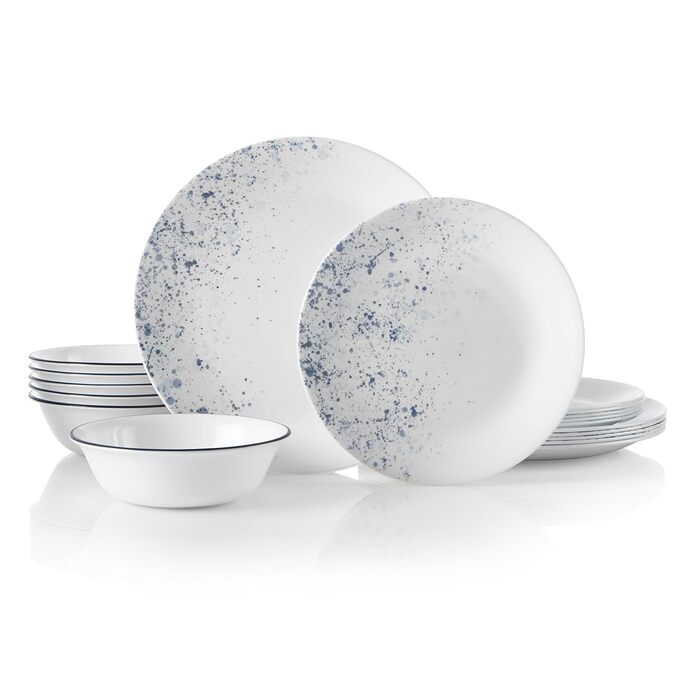 Corelle набір посуду 18 предметів, Indigo Speckle, блакитно-білий, на 6 осіб. Стійкий до сколів, включає великі тарілки 26 см, салатові/сімейні тарілки 17 см та супові/кашові миски 530 мл