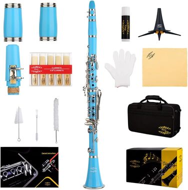 Кларнет Glory GLY-CLAGN професійний ебонітовий Bb з аксесуарами (10 вставок, стійка, кейс, щітки) - зелений (світло-блакитний/сріблястий)