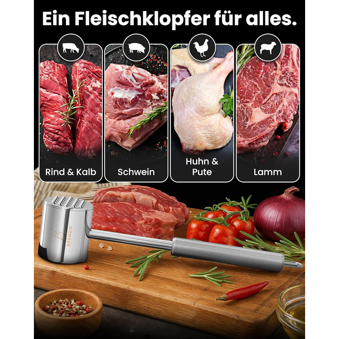 Преміум Fleischklopfer від Brendo: м'ясорубка з масивного нержавіючої сталі, двостороння, з плоскою та зубчастою поверхнею для будь-якого м'яса, + E-Book рецептів, придатна для миття в посудомийній машині, шніцельниця