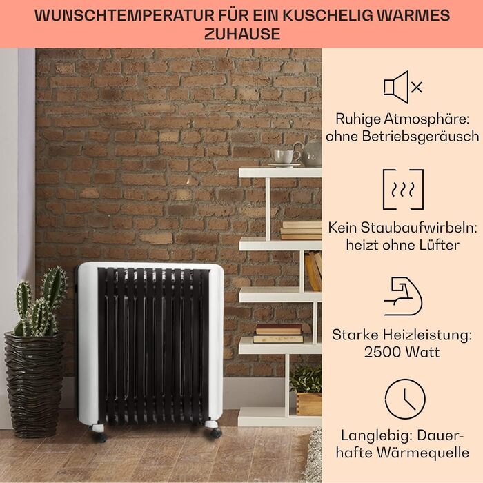 Електричний масляний радіатор Klarstein Thermaxx 2500 - опалення, 2500 Вт, 5-35°C, LED-дисплей, таймер, ролики, білий/чорний