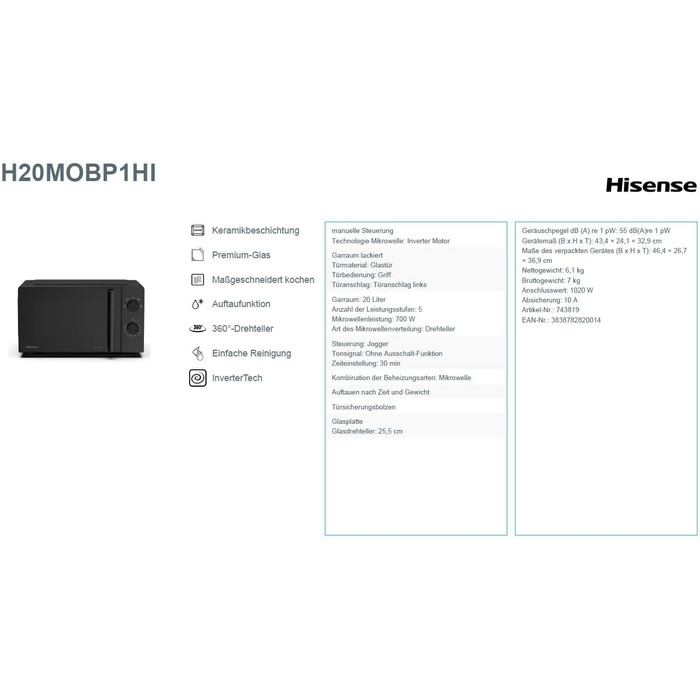 Мікрохвильова піч Hisense H20MOBS4HI 20 л з InverterTech, керамічним покриттям та дитячим блокуванням (чорний)