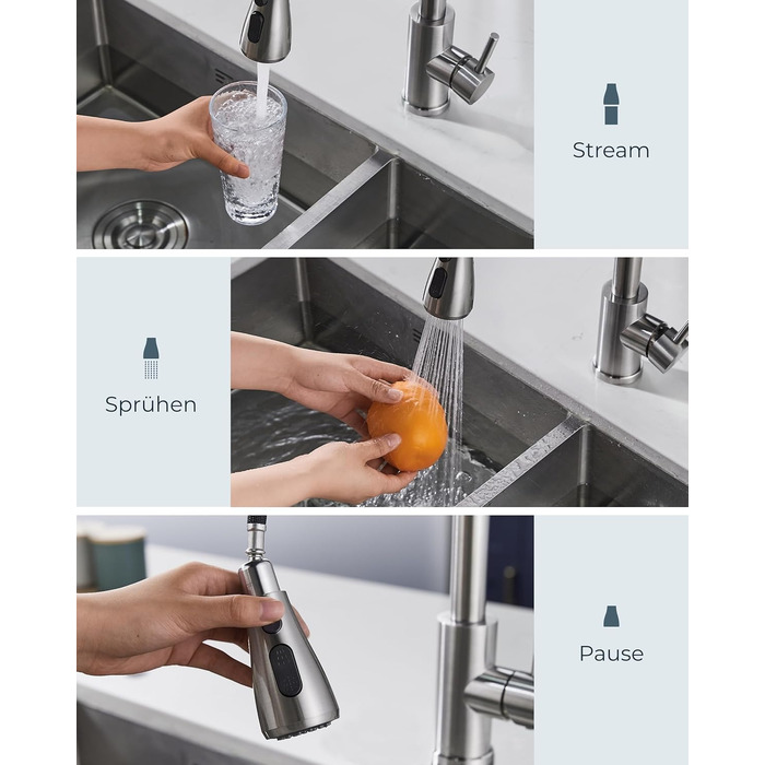 Змішувач для кухні FORIOUS з висувною лійкою, 360° обертання, 2 режими, нержавіюча сталь