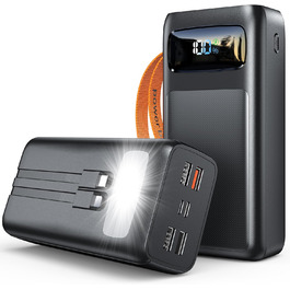 Портативний зарядний пристрій Power Bank 50000mAh з PD 30W, LED-дисплеєм, 7 виходами, ліхтариком та USB-C кабелем. Чорний.