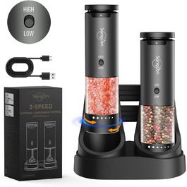 Sangcon Electric Salt and Pepper Grinder, 2 Speed Settings, 6 Grind Settings, Automatic Pepper Grinder with USB Charging Station, One-Handed Grinding (Space Grey)
