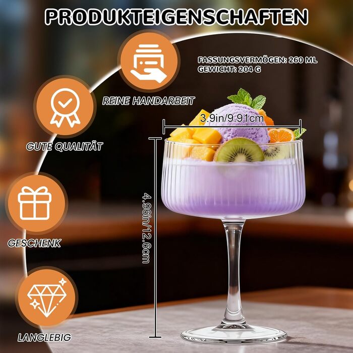 Бокали для коктейлів Martini Crystal Coupe 260 мл, набір 4 шт., великі бокали для шампанського та еспресо Мартіні, ручна робота