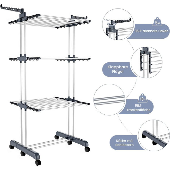 Клатковий сушильник для білизни Turm з 6 крил та 2 обертовими бічними крилами - сірий S